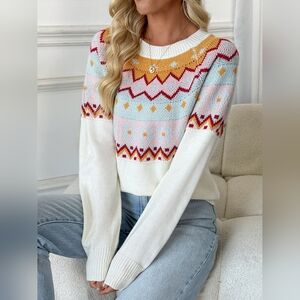 Chic Multicolor Women's Round Neck Long Sleeve Sweater